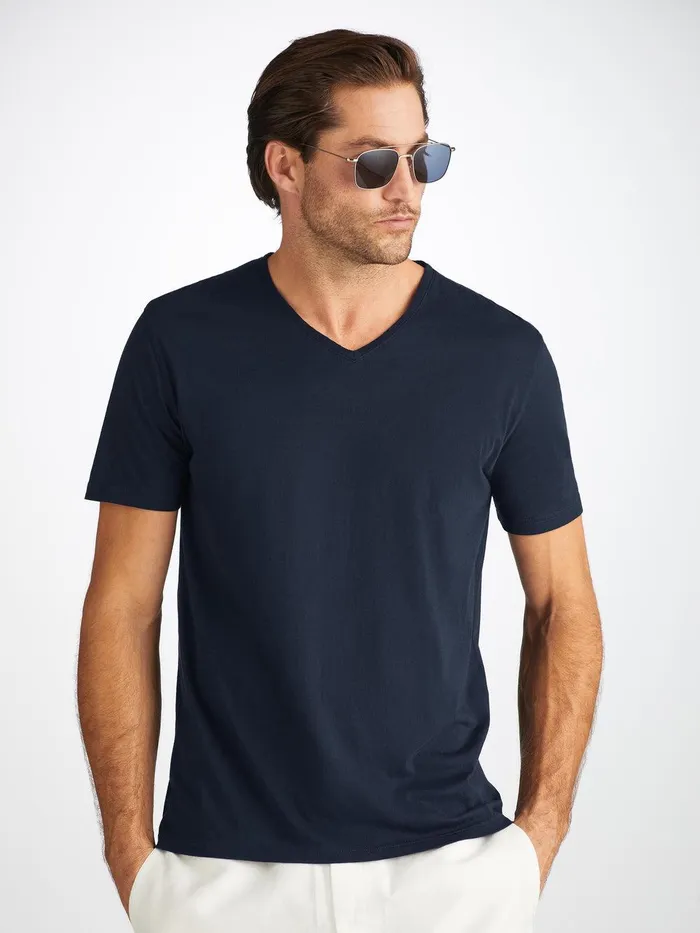 Derek Rose VNeck TShirt Riley Pima Cotton Navy Men Short Sleeve TShirts