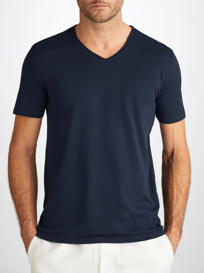 Derek Rose VNeck TShirt Riley Pima Cotton Navy Men Short Sleeve TShirts