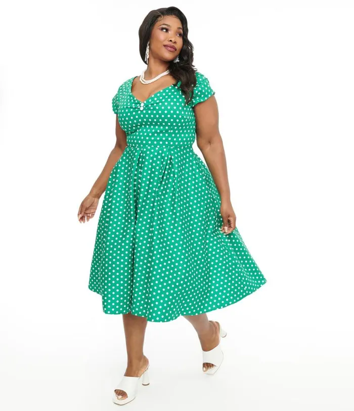 Dolly and Dotty 1950s Green and White Polka Dot Off The Shoulder Lily Swing Dress DressesPlus Unique Vintage Pocket Dresses