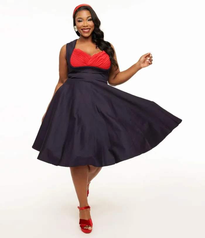 Dolly and Dotty 1950s Navy and Red Grace Swing Dress DressesPlus Unique Vintage Swing