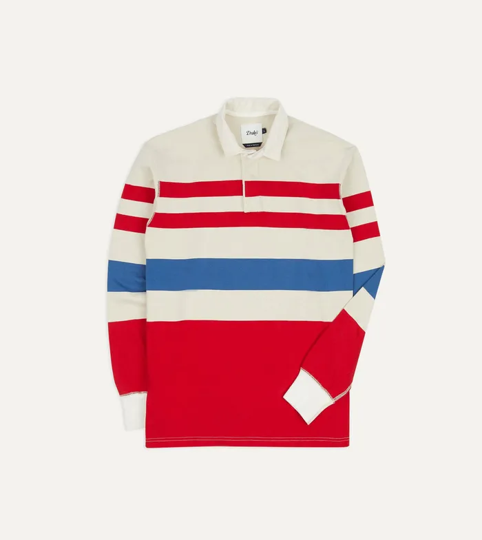 Drake039s Cream Red And Blue Stripe Cotton Rugby Shirt Men Polos and Sweatshirts