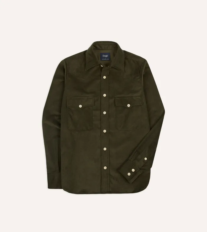 Drake039s Green Corduroy TwoPocket Western Shirt Men Casual Shirts