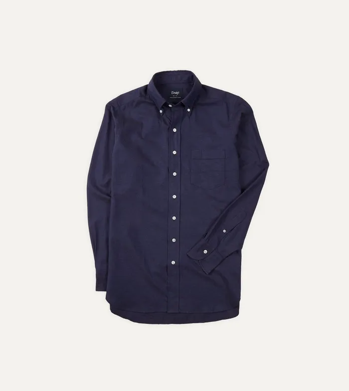 Drake039s Navy Cotton Flannel ButtonDown Shirt Men Plain Shirts