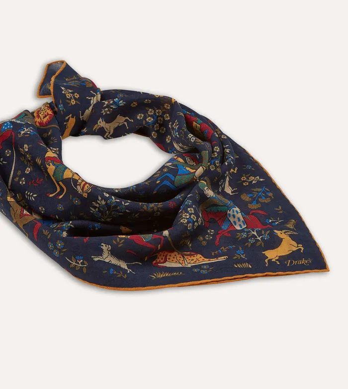 Drake039s Navy Mughal Print WoolSilk Square Scarf Men Scarves