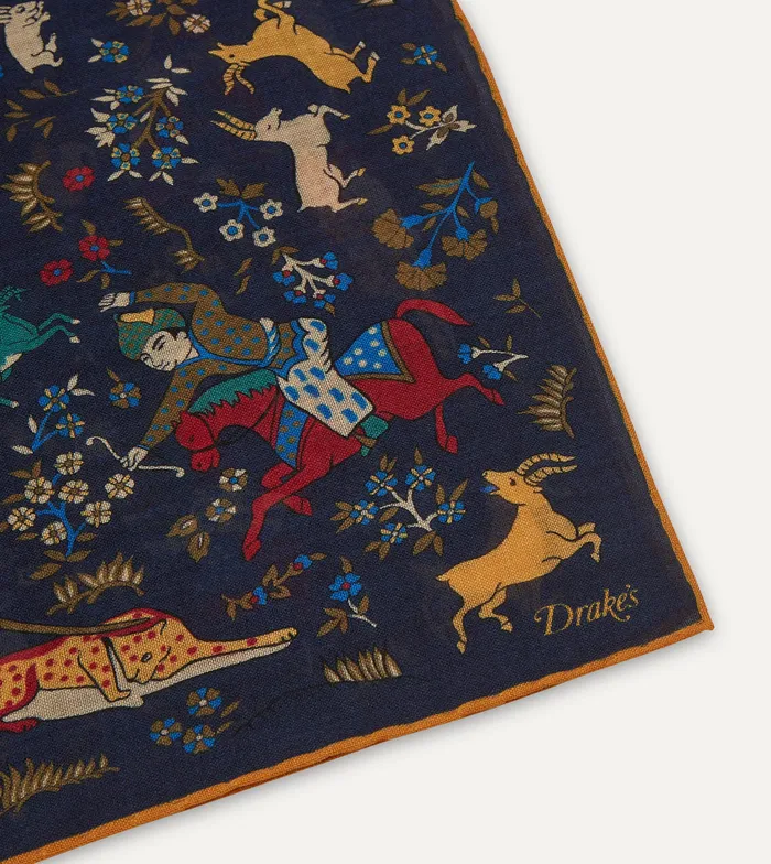 Drake039s Navy Mughal Print WoolSilk Square Scarf Men Scarves