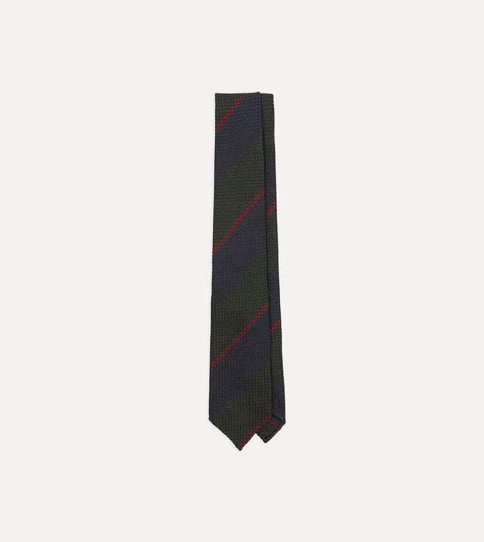 Drake039s Olive And Red Block Stripe Hand Rolled Silk Grenadine Tie Men Striped Ties