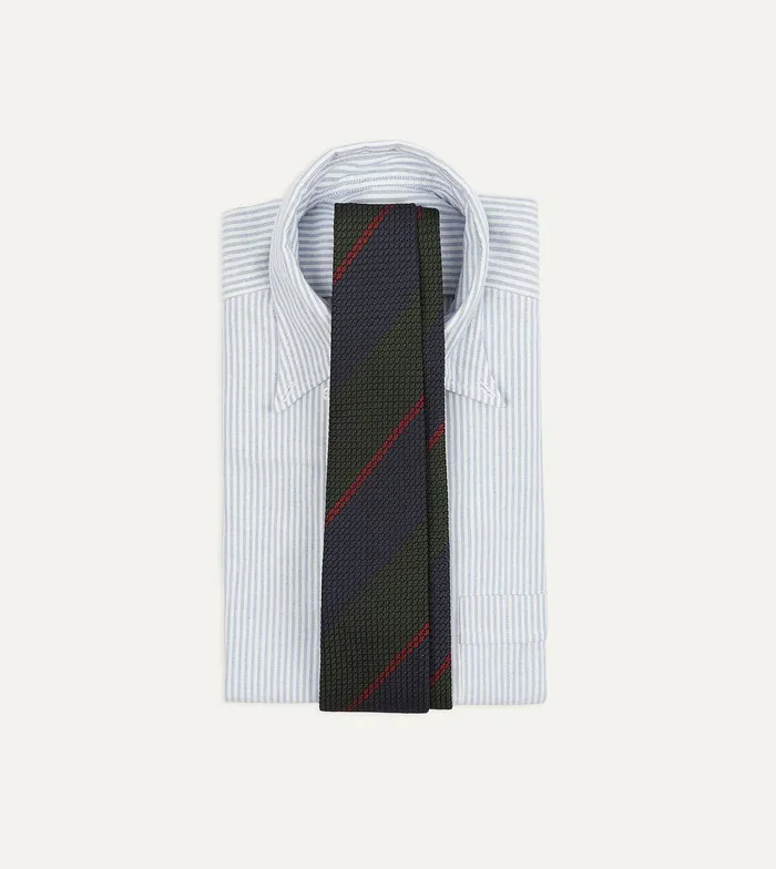 Drake039s Olive And Red Block Stripe Hand Rolled Silk Grenadine Tie Men Striped Ties