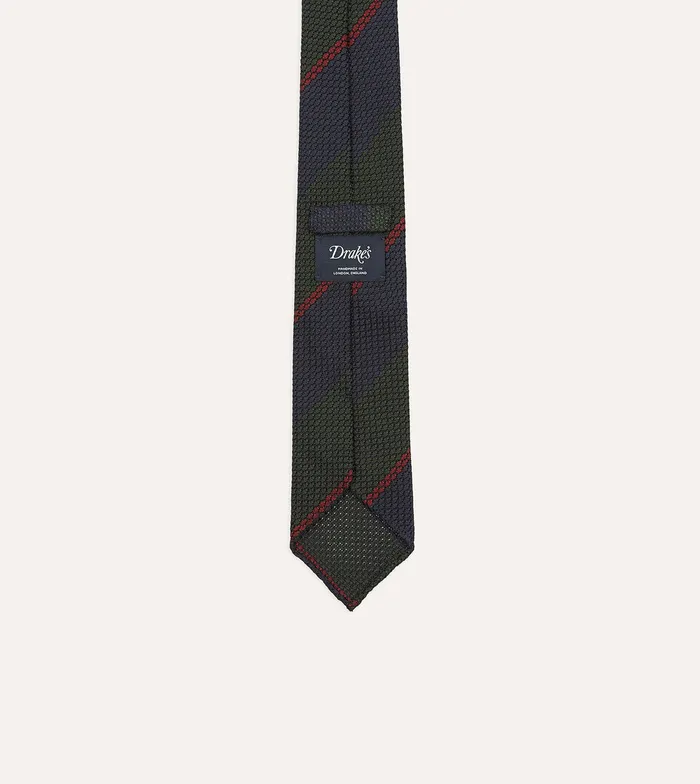 Drake039s Olive And Red Block Stripe Hand Rolled Silk Grenadine Tie Men Striped Ties