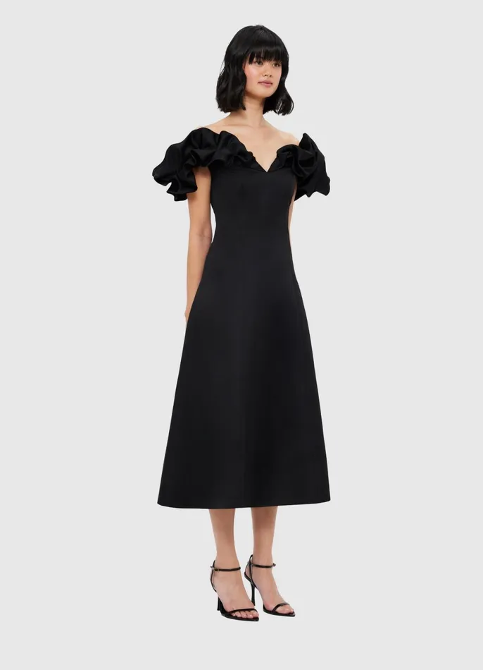 Dresses and Jumpsuits Women LEO LIN Annie Off Shoulder Frill Midi Dress 8211 Ebony