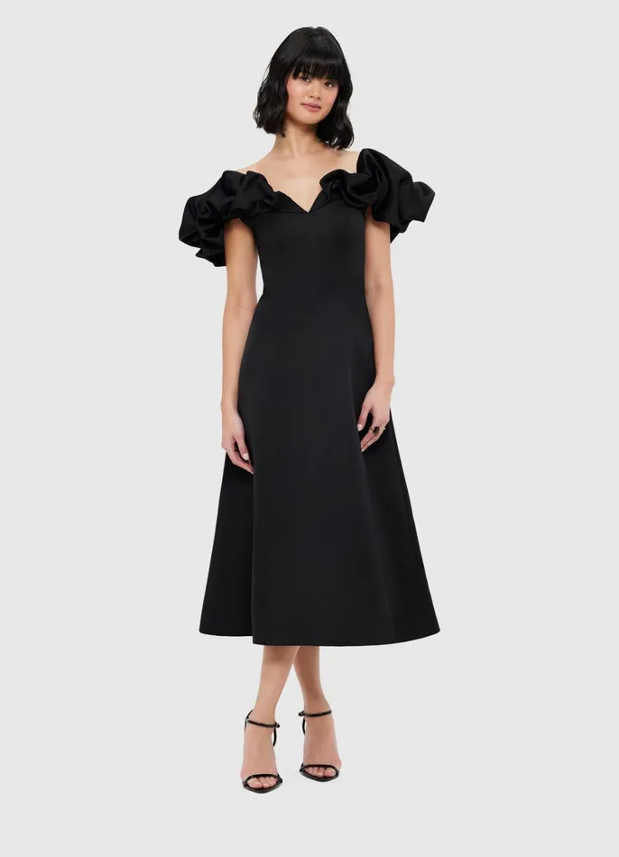 Dresses and Jumpsuits Women LEO LIN Annie Off Shoulder Frill Midi Dress 8211 Ebony