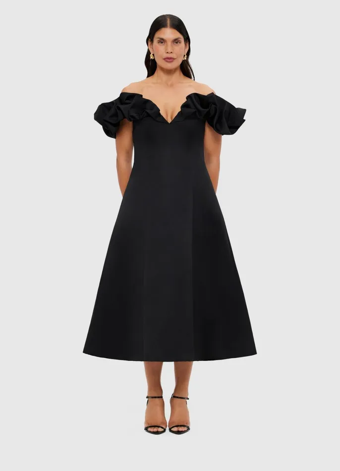 Dresses and Jumpsuits Women LEO LIN Annie Off Shoulder Frill Midi Dress 8211 Ebony
