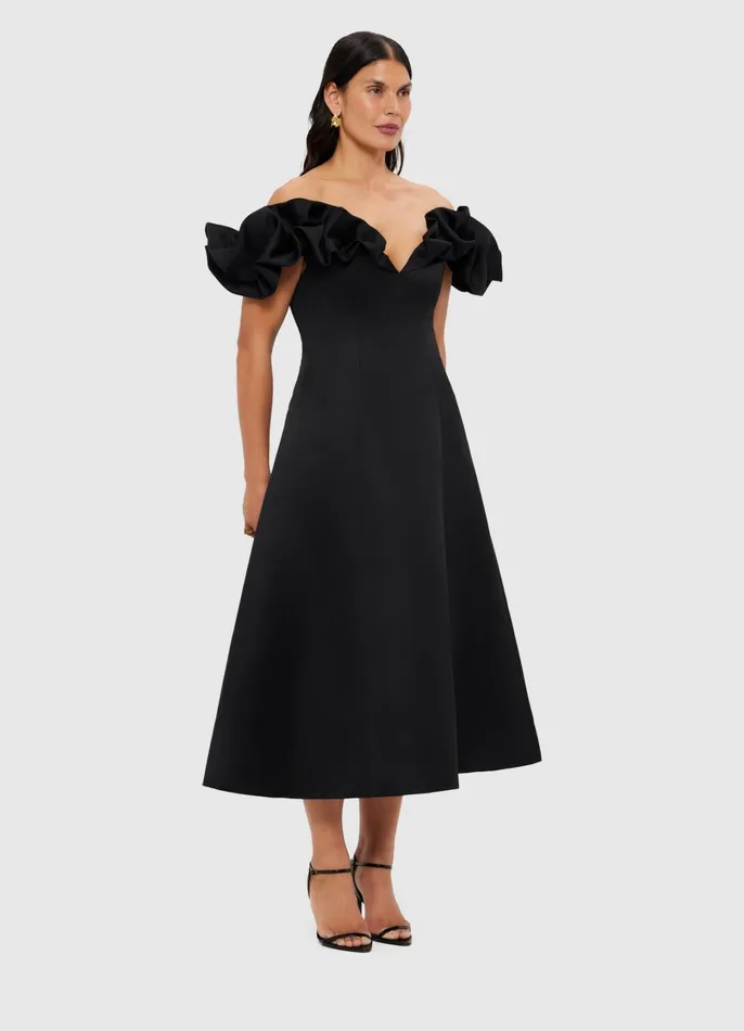 Dresses and Jumpsuits Women LEO LIN Annie Off Shoulder Frill Midi Dress 8211 Ebony