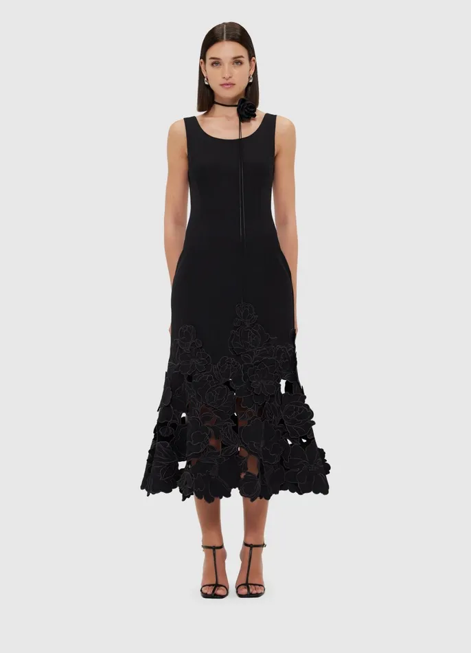 Dresses and Jumpsuits Women LEO LIN Emily Appliqu Midi Dress 8211 Ebony