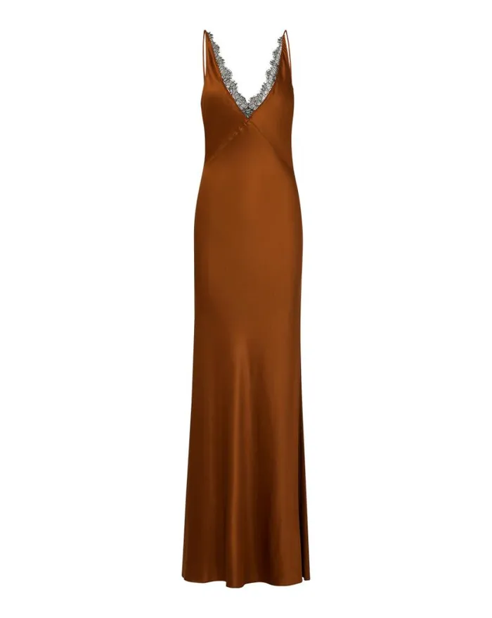 Dresses Shop Veronica Beard Hamina StretchSilk Charmeuse Dress Dark Ochre