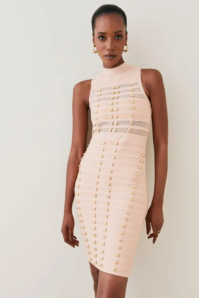 Dresses Women Karen Millen All Over Trimmed Bandage And Mesh Mini Dress Nude