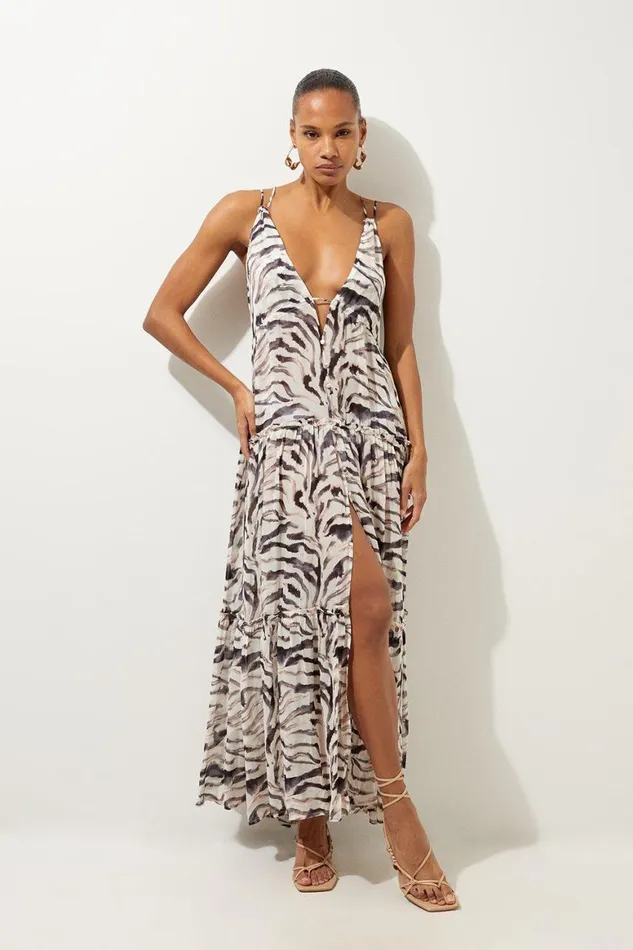Dresses Women Karen Millen Animal Print Viscose Georgette Beach Maxi Dress Zebra