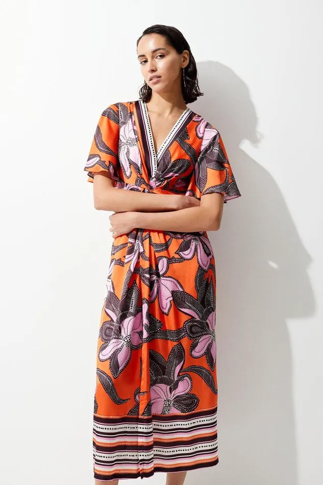 Dresses Women Karen Millen Batik Floral Placed Hammered Satin Twist Midi Dress Orange