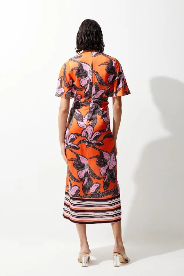 Dresses Women Karen Millen Batik Floral Placed Hammered Satin Twist Midi Dress Orange