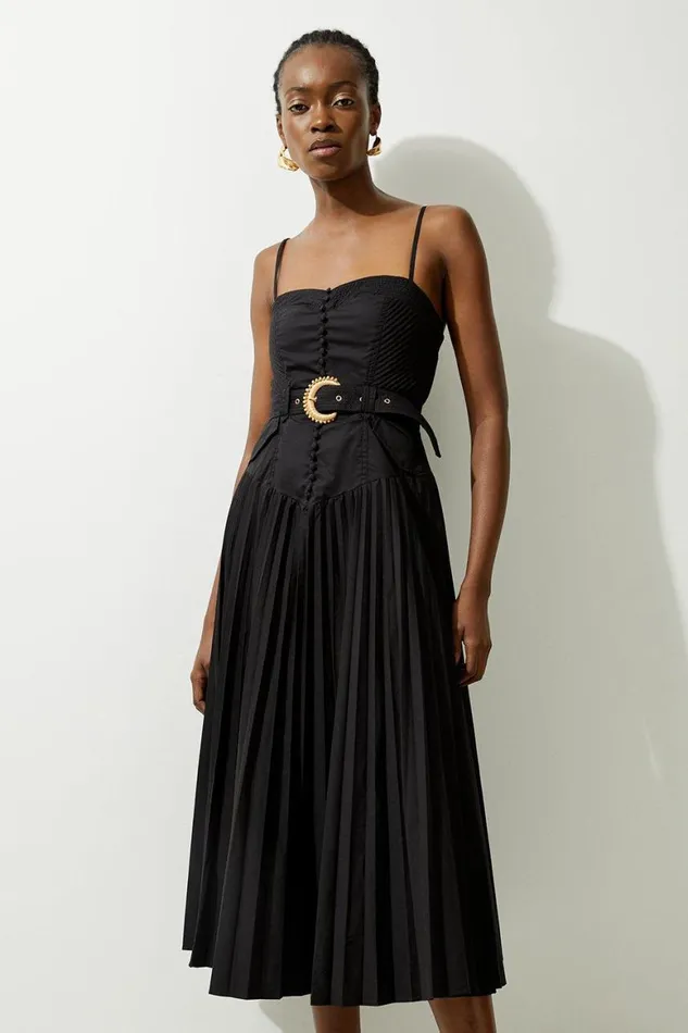 Dresses Women Karen Millen Button Detail Strappy Woven Midi Dress Black