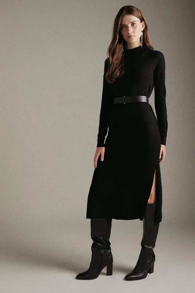Dresses Women Karen Millen Cashmere Blend Funnel Neck Belted Knit Midi Dress Black