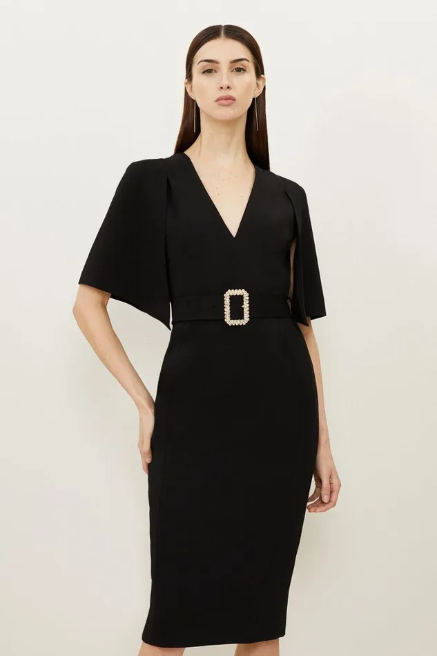 Dresses Women Karen Millen Compact Stretch Viscose Cape Pencil Midi Dress Black