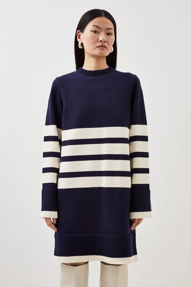 Dresses Women Karen Millen Cotton Blend Stripe Crew Neck Knit Mini Dress Stripe