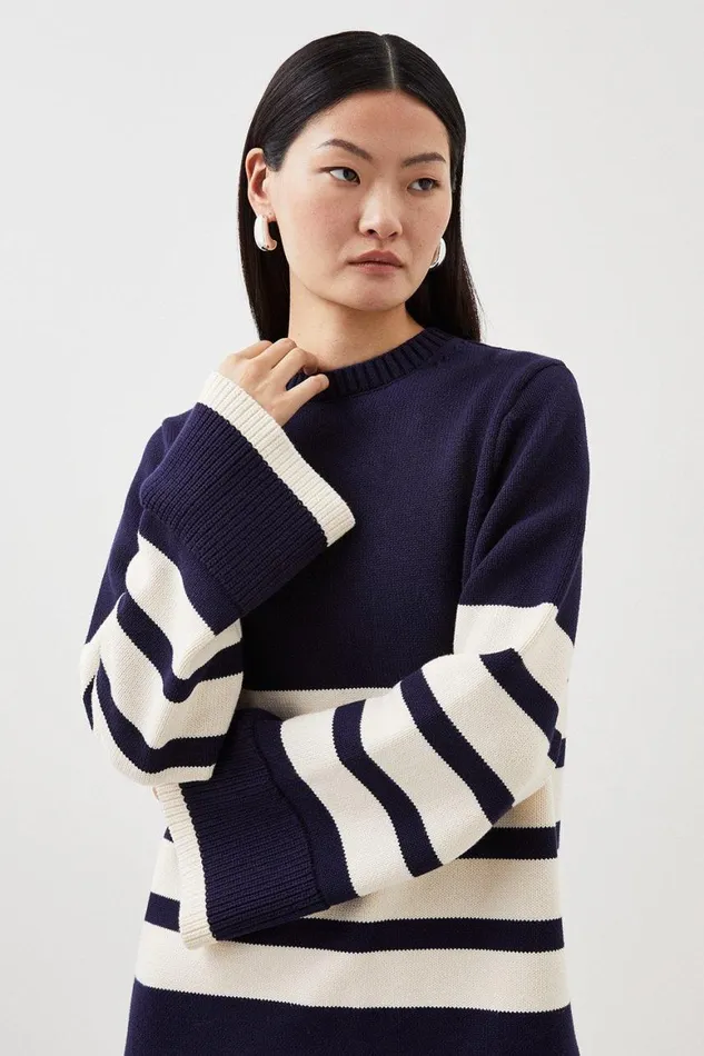 Dresses Women Karen Millen Cotton Blend Stripe Crew Neck Knit Mini Dress Stripe