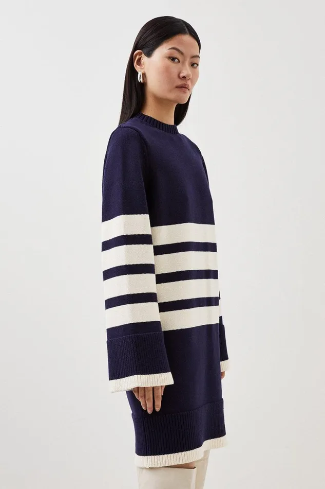 Dresses Women Karen Millen Cotton Blend Stripe Crew Neck Knit Mini Dress Stripe
