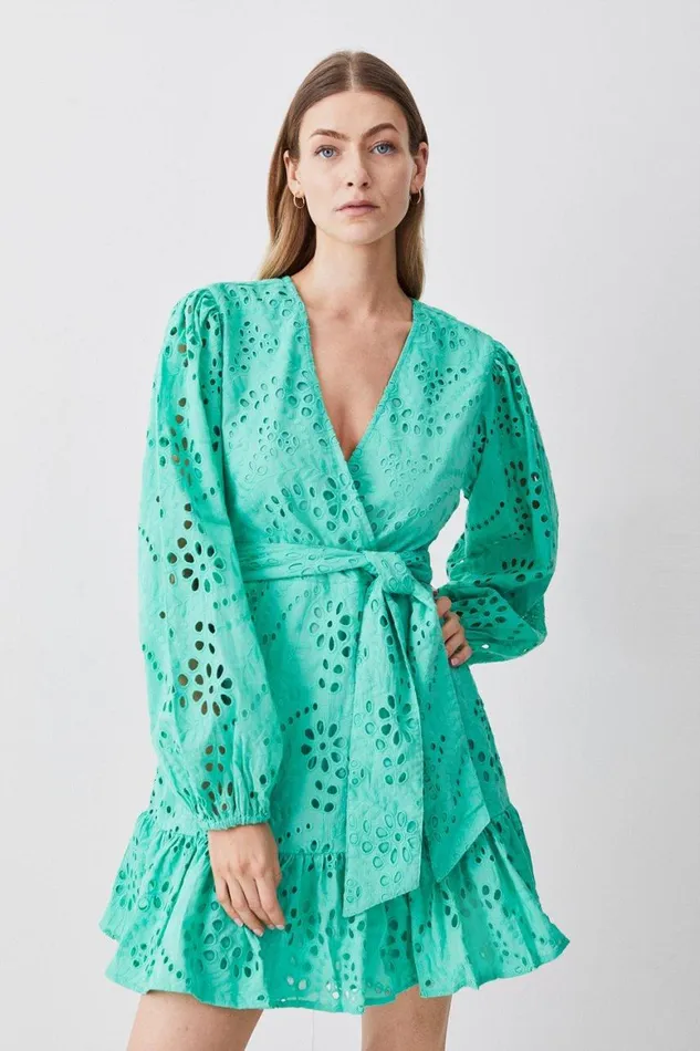Dresses Women Karen Millen Cotton Broderie Woven Wrap Mini Dress Green