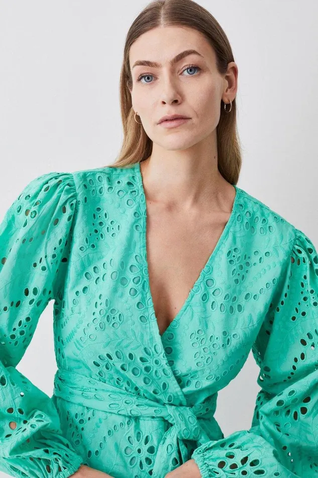 Dresses Women Karen Millen Cotton Broderie Woven Wrap Mini Dress Green