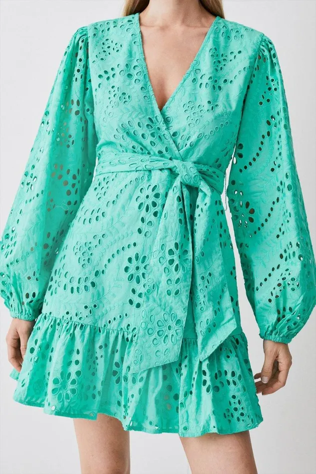 Dresses Women Karen Millen Cotton Broderie Woven Wrap Mini Dress Green