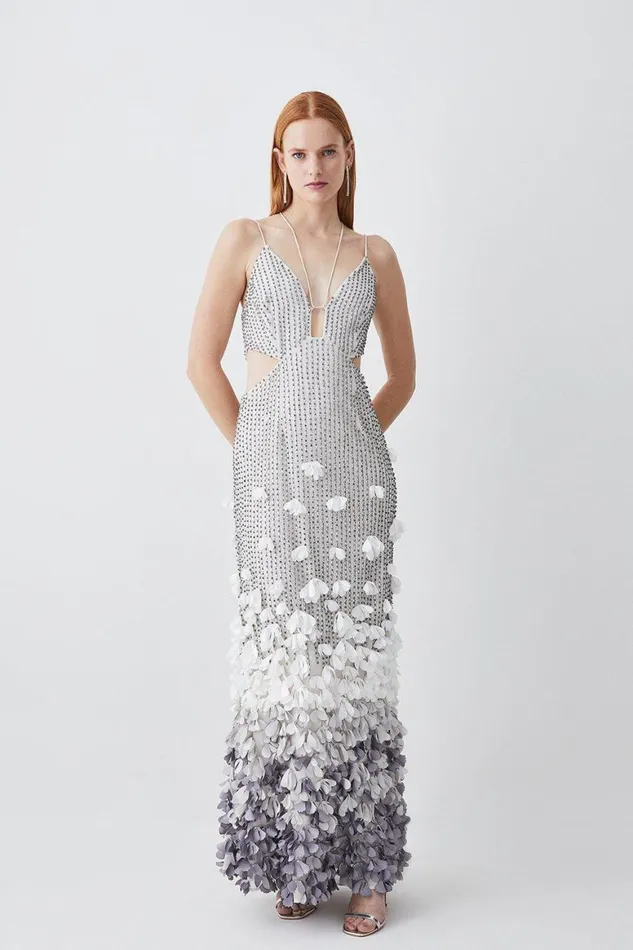 Dresses Women Karen Millen Crystal Applique Deep V Woven Maxi Dress Gun Metal