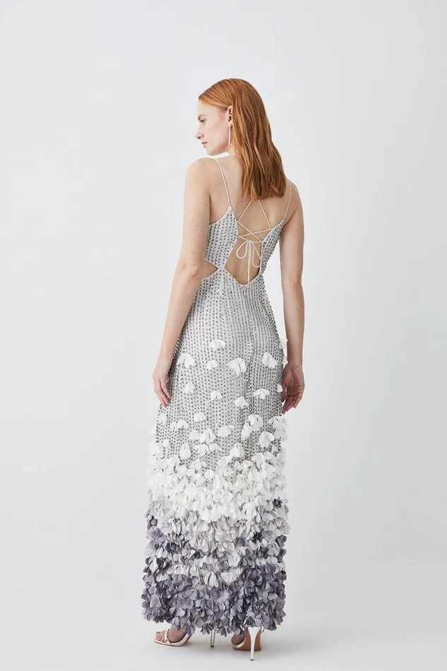 Dresses Women Karen Millen Crystal Applique Deep V Woven Maxi Dress Gun Metal