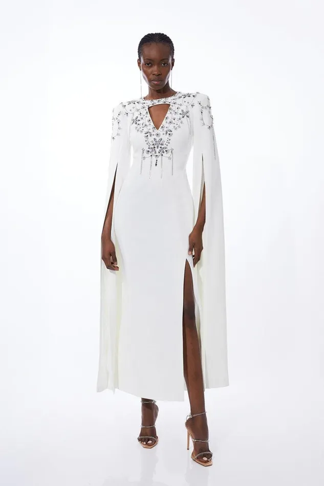 Dresses Women Karen Millen Crystal Embellished Cady Woven Cape Maxi Dress Ivory