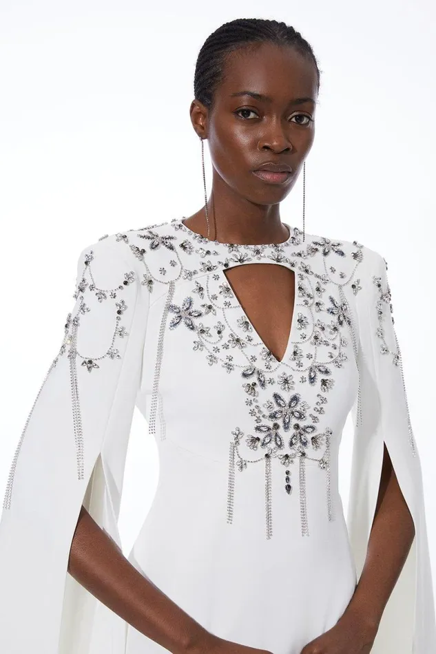 Dresses Women Karen Millen Crystal Embellished Cady Woven Cape Maxi Dress Ivory
