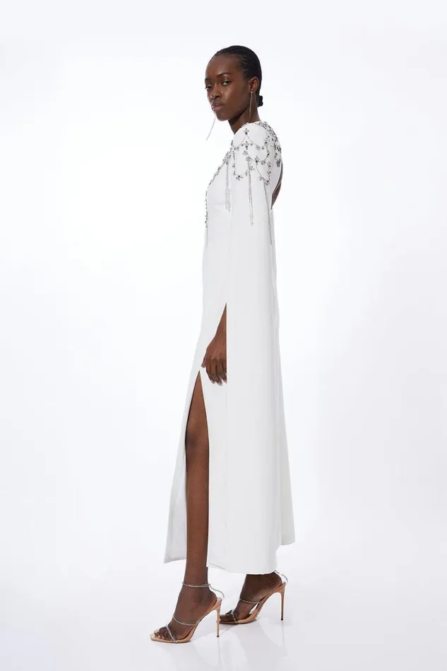Dresses Women Karen Millen Crystal Embellished Cady Woven Cape Maxi Dress Ivory