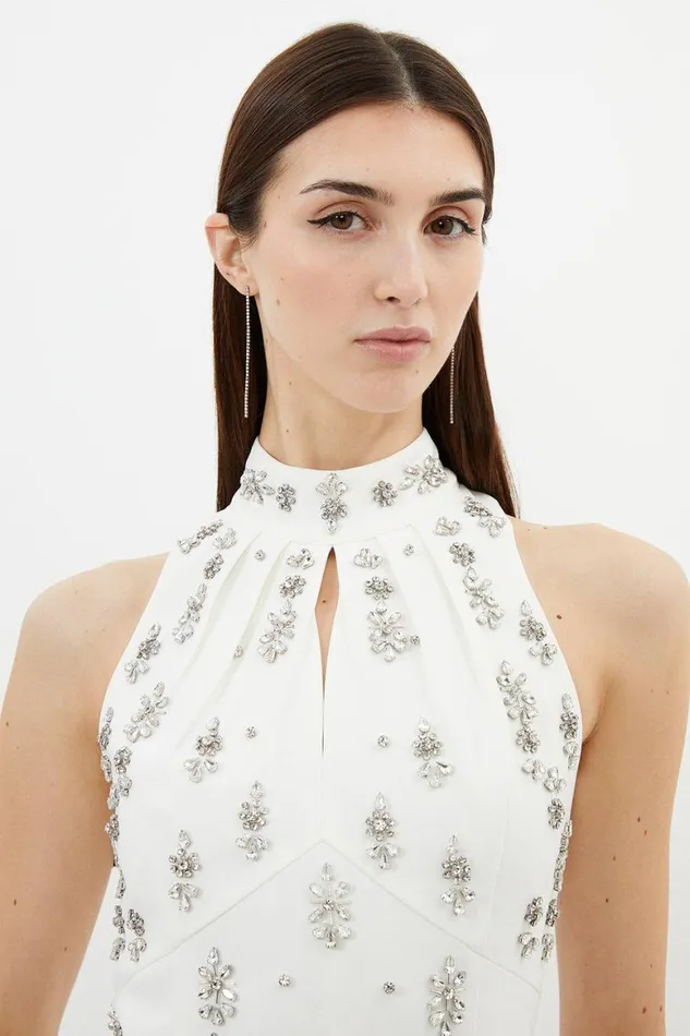 Dresses Women Karen Millen Crystal Embellished Mini Halter Dress Ivory