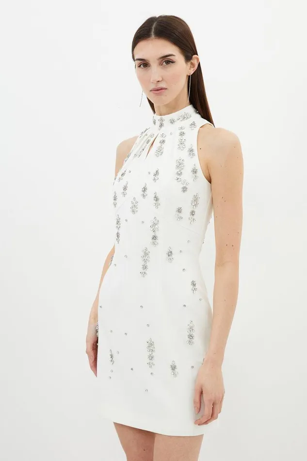 Dresses Women Karen Millen Crystal Embellished Mini Halter Dress Ivory