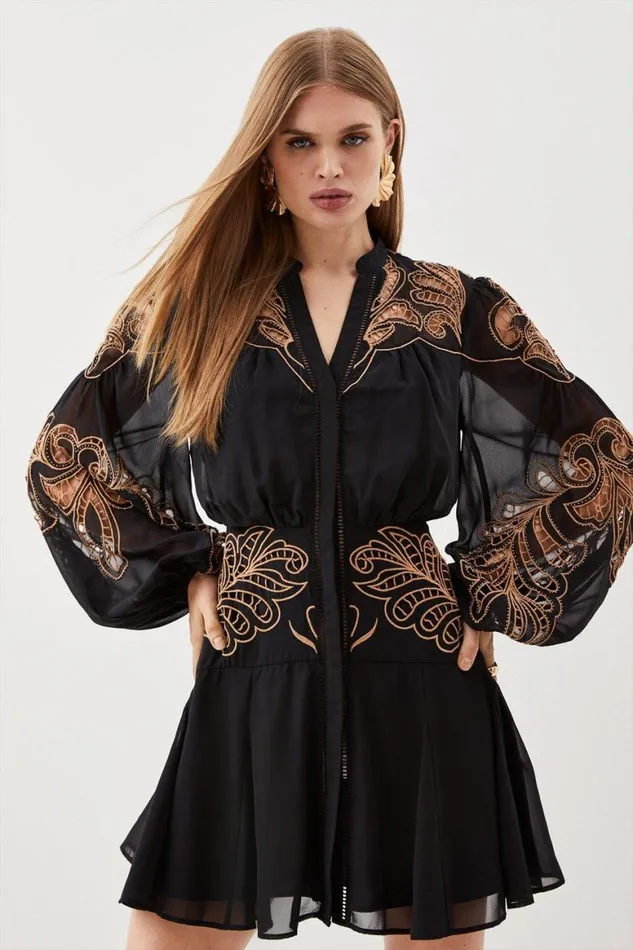 Dresses Women Karen Millen Cutwork Beaded Embroidered Woven Mini Dress Black
