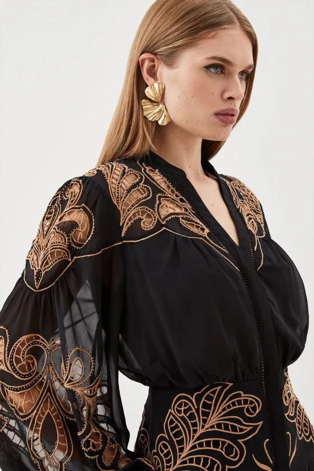 Dresses Women Karen Millen Cutwork Beaded Embroidered Woven Mini Dress Black