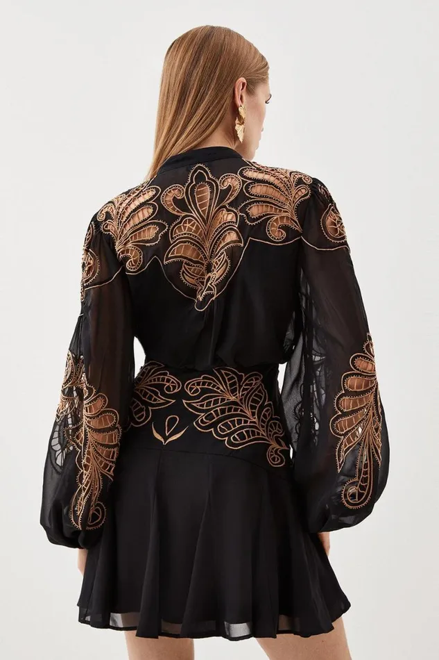 Dresses Women Karen Millen Cutwork Beaded Embroidered Woven Mini Dress Black