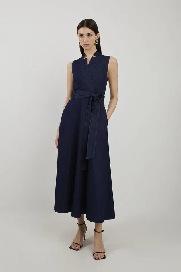 Dresses Women Karen Millen Denim Tailored Notch Neck Belted Fluid Midi Dress Indigo
