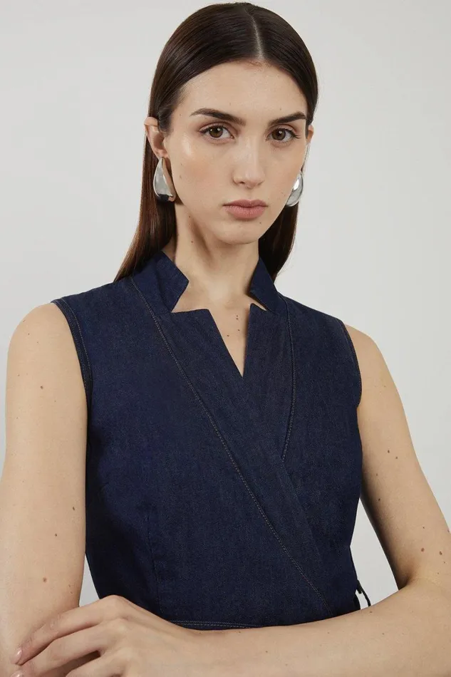 Dresses Women Karen Millen Denim Tailored Notch Neck Belted Fluid Midi Dress Indigo