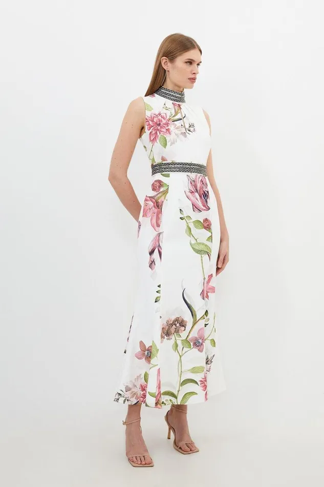 Dresses Women Karen Millen Diamante Trim Delicate Floral Woven Sleeveless Maxi Dress Floral
