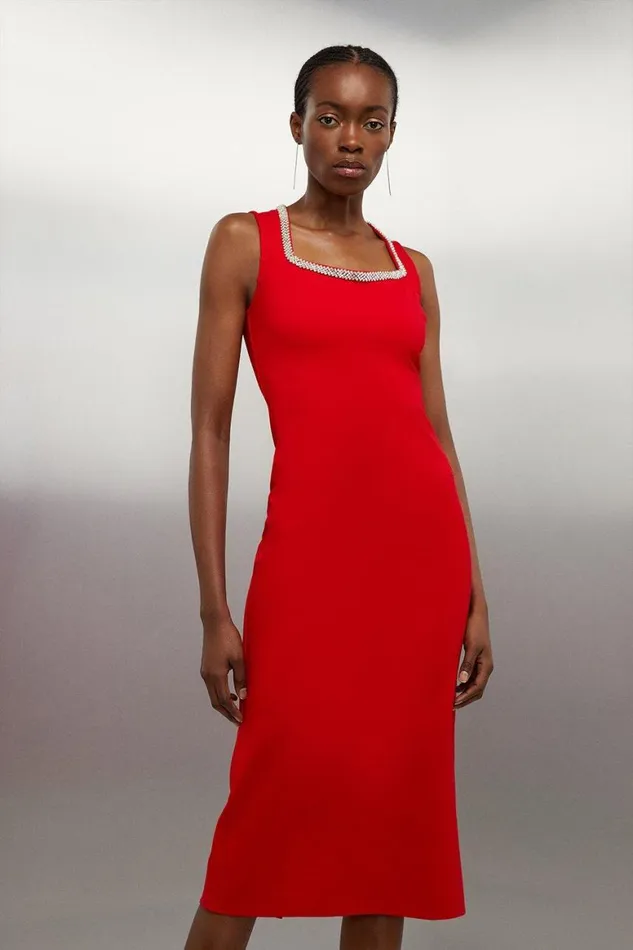 Dresses Women Karen Millen Diamante Trim Ponte Midi Dress Red