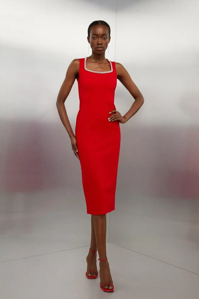 Dresses Women Karen Millen Diamante Trim Ponte Midi Dress Red