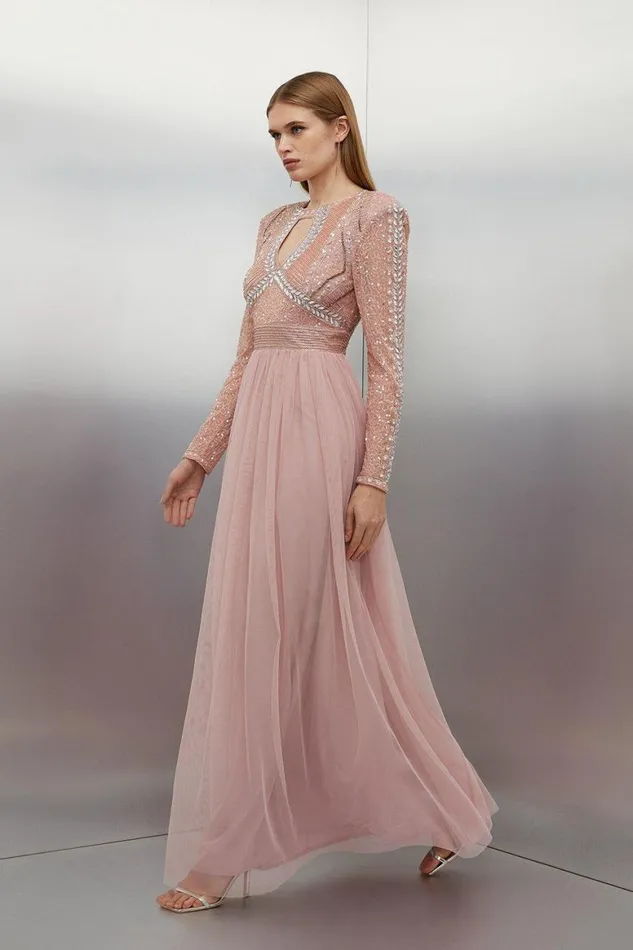 Dresses Women Karen Millen Embellished Woven Maxi Dress With Tulle Skirt Blush