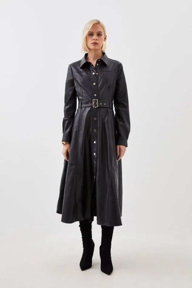 Dresses Women Karen Millen Faux Leather Long Sleeved Belted Midi Shirt Dress Black