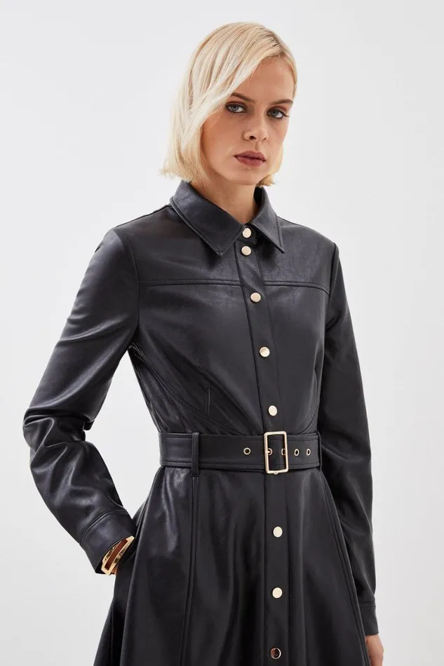 Dresses Women Karen Millen Faux Leather Long Sleeved Belted Midi Shirt Dress Black