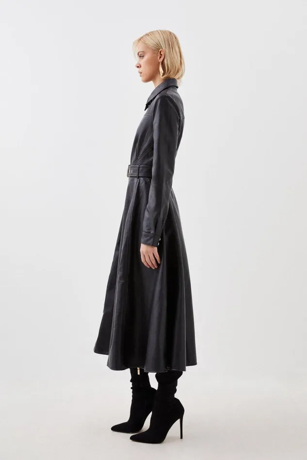 Dresses Women Karen Millen Faux Leather Long Sleeved Belted Midi Shirt Dress Black